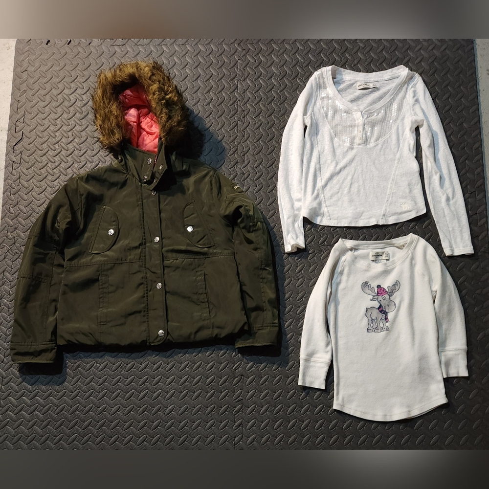 Abercrombie Kids Bundle Parka Jacket Girls 9/10 Green Full Zip Faux Fur Lined